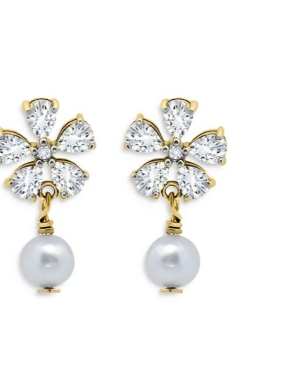 Aqua CZ Flower & Freshwater Pearl Drop Earrings 18K Gold Plated Sterling Silver
